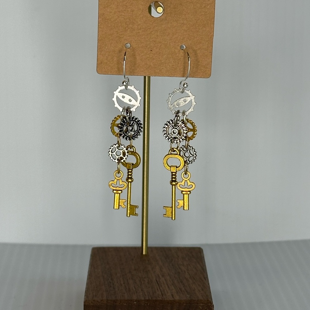 Steampunk mixed metal key and gear earrings